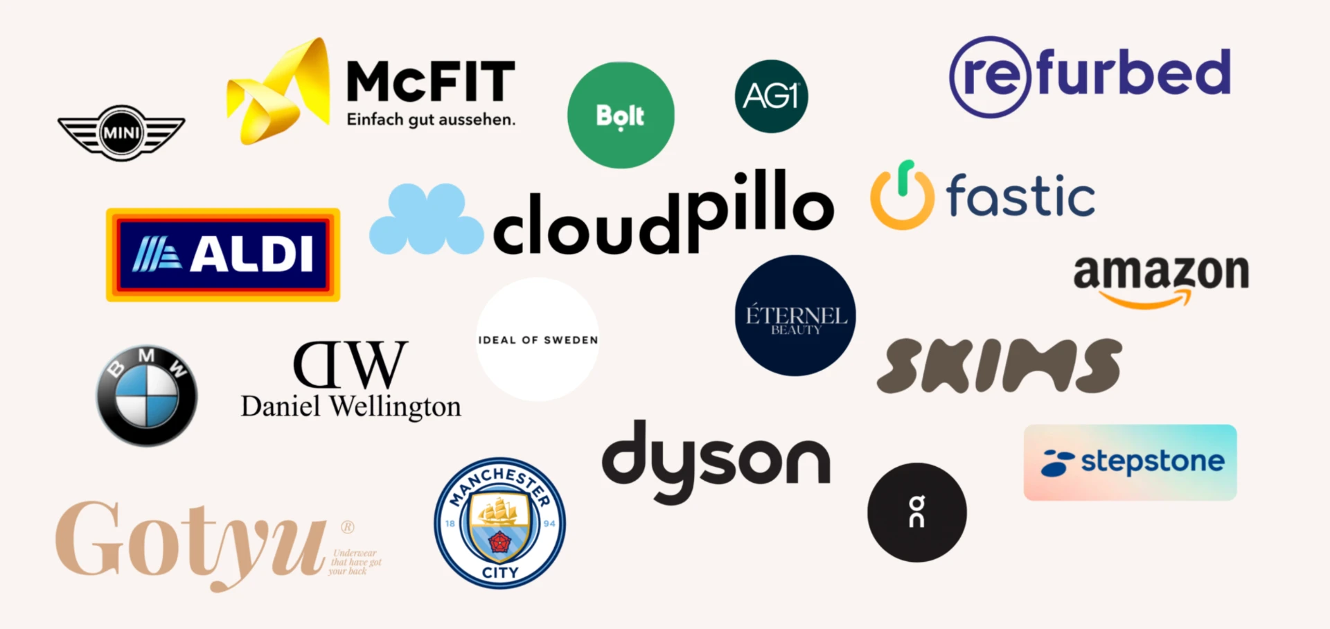 Brand logos: BMW, MINI, Amazon, Dyson, ALDI, McFIT, AG1, Bolt, Fastic, refurbed, Ideal of Sweden, Daniel Wellington, Gotyu, Cloudpillo, Manchester City, SKIMS, Éternel Beauty, Stepstone, On