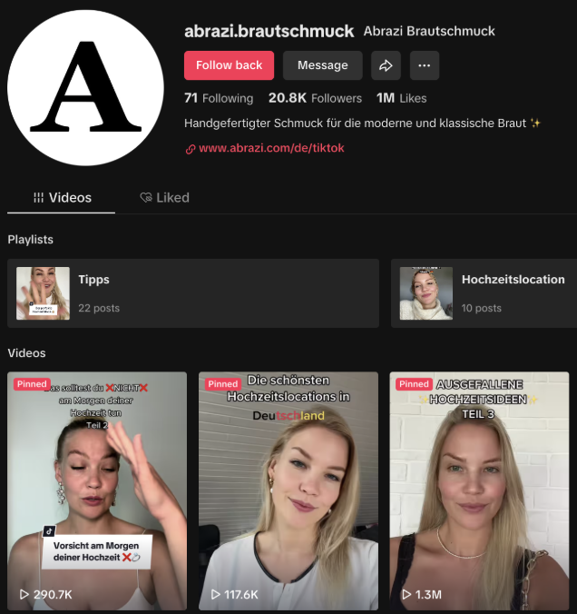 Brand account creative feed with multiple high-view videos